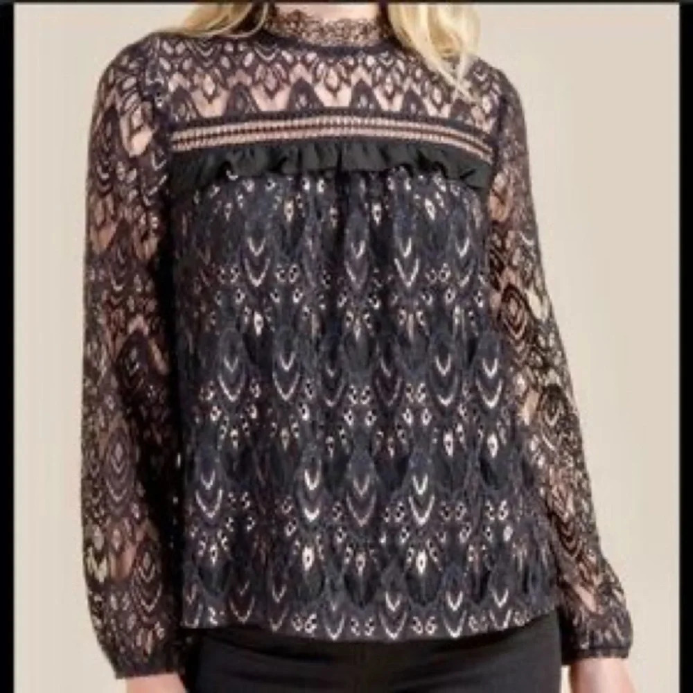 Blue Rain Blouse with Black Lace Detailing‎